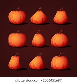 Cartoon icons of pumpkins. Bright orange and yellow autumn vegetables, perfect for designs related to agriculture, harvest, Thanksgiving, or Halloween.