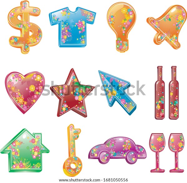 \
Cartoon icons  set of 12  icons house heart money drink tshirt star\
lamp car key arrow bell  isolated on white\
background\
