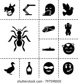 Cartoon icons. set of 13 editable filled cartoon icons such as bear, goose, emot in love, bird, wrap sandwich, maple syrup, table lamp, submarine, hippopotamus, ant
