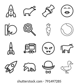 Cartoon icons. set of 16 editable outline cartoon icons such as cow, bear, hippopotamus, rocket, kiss emot, devil emot, heat the wall emot, trailer, lollipop, bone