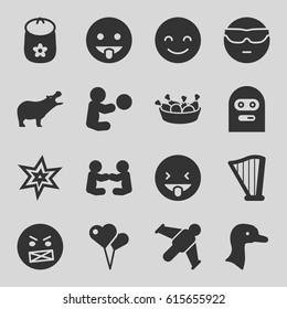 Cartoon icons set. set of 16 cartoon filled icons such as goose, hippopotamus, baby toy, explosion, smiling emot, cool emot in sunglasses, chicken leg, harp, hang glider