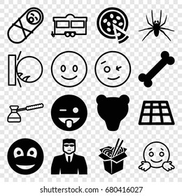 Cartoon icons set. set of 16 cartoon filled and outline icons such as spider, security guy, emoji showing tongue, noodles fast food, smiley, pizza, trailer, turk, smiling emot