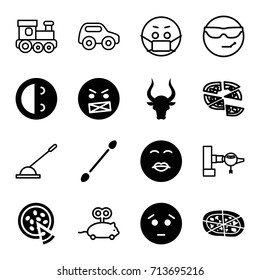 Cartoon icons set. set of 16 cartoon filled and outline icons such as bull, cotton buds, sad emot, laughing emot, pizza, jetway, toy car, train toy, mouse toy, arm lever