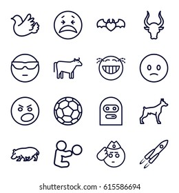 Cartoon icons set. set of 16 cartoon outline icons such as dog, bull, hippopotamus, cow, devil heart with wings, bird, fotball, crying emoticon, rocket