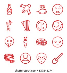 Cartoon icons set. set of 16 cartoon outline icons such as mouse toy, shovel, pizza, maple syrup, harp, sad emot, crying emot, laughing emot, emoji showing tongue, alien head