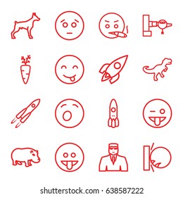 Cartoon icons set. set of 16 cartoon outline icons such as jetway, dog, hippopotamus, security guy, rocket, dinosaur, sad emot, emoji showing tongue, emot showing tongue