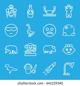 Cartoon icons set. set of 16 cartoon outline icons such as bear, goose, hippopotamus, baby girl, bucket toy for beach, maple syrup, table lamp, cool emot in sunglasses