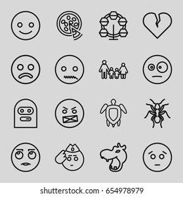 Cartoon icons set. set of 16 cartoon outline icons such as hippopotamus, ant, pizza, turtle  illsutration, smiling emot, sad emot, sad smiley, family, broken heart