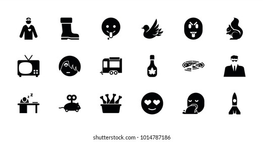 Cartoon icons. set of 18 editable filled cartoon icons: squirrel, mouse toy, emot in love, emo emot, emoji showing tongue, tv, trailer, man sleeping on table, boot