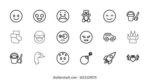 Cartoon icons. set of 18 editable outline cartoon icons: teddy bear, toy car, bucket toy for beach, explosion, crazy emot, smiling emot, heart angel wings, rocket