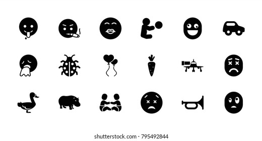Cartoon icons. set of 18 editable filled cartoon icons: hippopotamus, toy car, trumpet, kiss emot, vomiting emot, emoji showing tongue, baby playing with toy, ladybug, jetway