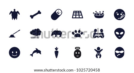 Cartoon icons. set of 18 editable filled cartoon icons: sun, smiling emot, sick emot, alien head, dance floor, chicken leg, paw, turtle  illsutration, dolphin, bear