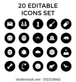 Cartoon icons. set of 20 editable filled cartoon icons such as brush, chest, shovel, dinosaur, crying emot. best quality cartoon elements in trendy style.