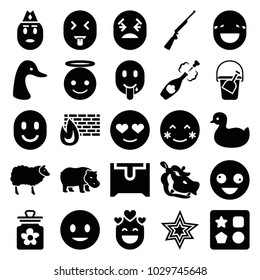 Cartoon icons. set of 25 editable filled cartoon icons such as goose, hippopotamus, duck, from toy for beach, smiling emot, crazy emot, blush, emoji angel, brick wall fire
