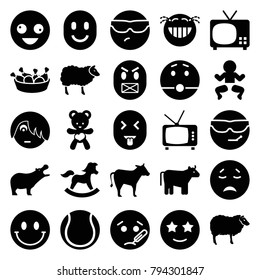 Cartoon icons. set of 25 editable filled cartoon icons such as cow, hippopotamus, sheep, crazy emot, crying emot, happe emoji with star eyes, tv, newborn child, chicken leg