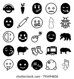 Cartoon icons. set of 25 editable filled and outline cartoon icons such as bear, sheep, hippopotamus, smiling emot, emo emot, emoji, trailer, carrot on fork, baby socks