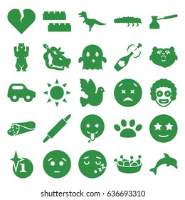 Cartoon icons set. set of 25 cartoon filled icons such as sun, bear, hippopotamus, toy car, child building kit, explosion, sad emot, ghost, happe emoji with star eyes