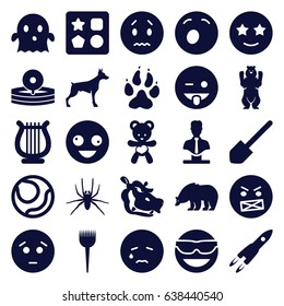 Cartoon icons set. set of 25 cartoon filled icons such as animal paw, bear, dog, spider, hippopotamus, from toy for beach, barber brush, bust, shovel, crazy emot