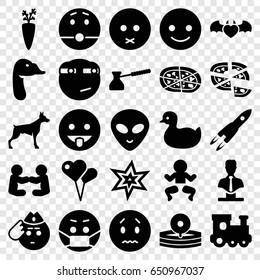 Cartoon icons set. set of 25 cartoon filled icons such as dog, goose, duck, train toy, explosion, bust, smiling emot, sad emot, emoji in mask, rolling eyes emoji, alien head