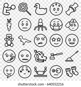 Cartoon icons set. set of 25 cartoon outline icons such as hippopotamus, baby socks, teddy bear, duck, lollipop, bone, arm lever, turk, smiling emot, sad emot, shy emoji