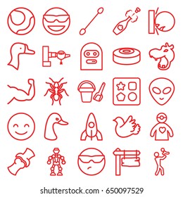 Cartoon Icons Set. Set Of 25 Cartoon Outline Icons Such As Jetway, Hippopotamus, Goose, Ant, Rocket, Bucket Toy For Beach, Cotton Buds, Direction Board