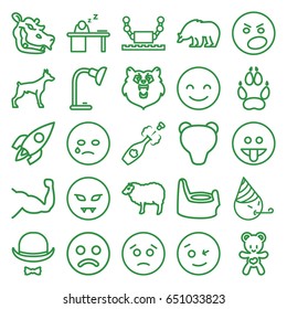 Cartoon icons set. set of 25 cartoon outline icons such as bear, dog, sheep, hippopotamus, animal paw, baby potty, muscle, bear teddy, man sleeping on table, table lamp