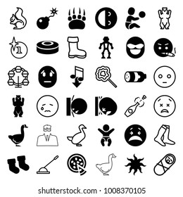 Cartoon icons. set of 36 editable filled and outline cartoon icons such as sausage, bear, baby socks, crying emot, laughing emot, robot, bomb, pizza, smoke bomb, boot