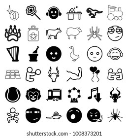 Cartoon icons. set of 36 editable filled and outline cartoon icons such as spider, sad emot, yawn emot, smoking emot, rolling eyes emoji, eating mouth, trailer, lollipop, harp