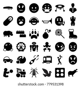 Cartoon icons. set of 36 editable filled cartoon icons such as boot, hippopotamus, bear, ferris wheel, baby toy, from toy for beach, smiling emot, emoji, sick emot