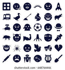 Cartoon icons set. set of 36 cartoon filled icons such as hog, hippopotamus, spider, squirrel, goose, toy car, rocket, from toy for beach, mouse toy, eyelashes, shovel
