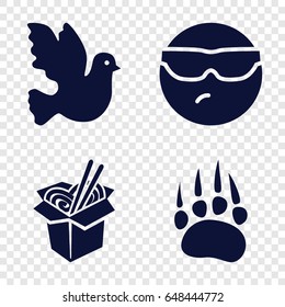 Cartoon icons set. set of 4 cartoon filled icons such as animal paw, cool emot in sunglasses, noodles fast food