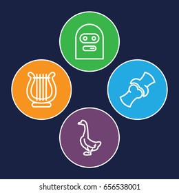 Cartoon icons set. set of 4 cartoon outline icons such as goose, bone, harp