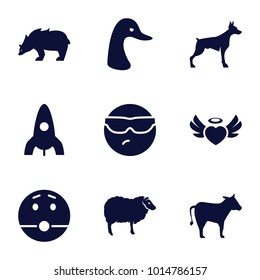 Cartoon icons. set of 9 editable filled cartoon icons such as dog, goose, sheep, rocket, cool emot in sunglasses, surprised emot, heart angel wings, cow