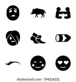 Cartoon icons. set of 9 editable filled cartoon icons such as sausage, hog, blush, emot in love, baby playing with another baby, eyelashes, socks, sweating emot