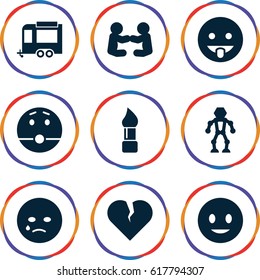 Cartoon icons set. set of 9 cartoon filled icons such as brush, smiling emot, crying emot, trailer, robot, baby playing with another baby