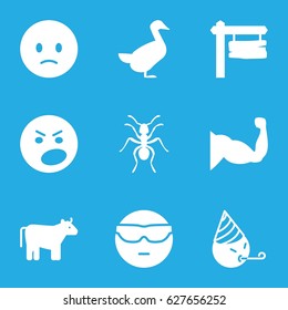 Cartoon icons set. set of 9 cartoon filled icons such as cow, ant, goose, sad emot, cool emot in sunglasses, direction board
