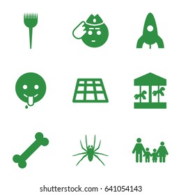 Cartoon icons set. set of 9 cartoon filled icons such as spider, rocket, barber brush, soldier emot, emoji showing tongue, dance floor, carousel, family