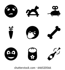 Cartoon Icons Set. Set Of 9 Cartoon Filled Icons Such As Baby Toy, Mouse Toy, Sweating Emot, Facepalm Emot, Smiley, Champagne, Toy Horse, Carrot On Fork