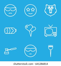Cartoon icons set. set of 9 cartoon outline icons such as bear, sausage, barber brush, turk, cool emot in sunglasses, happe emoji with star eyes, heart shaped air balloon