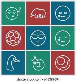 Cartoon icons set. set of 9 cartoon outline icons such as bear, goose, explosion, fotball, crying emot, cool emot in sunglasses, emoji listening music