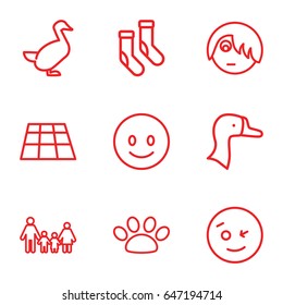 Cartoon icons set. set of 9 cartoon outline icons such as goose, socks, paw, smiling emot, wink emot, emo emot, family