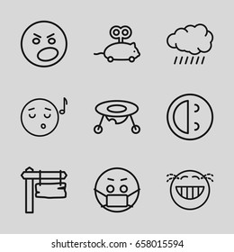 Cartoon icons set. set of 9 cartoon outline icons such as sun, baby toy, mouse toy, direction board, emoji listening music, laughing emot, angry emot