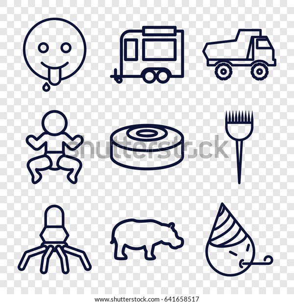 Cartoon icons set. set of 9 cartoon\
outline icons such as hippopotamus, toy car, barber brush, trailer,\
smoke bomb, party emot, emoji showing tongue,\
rocket