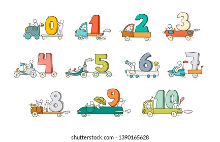 Cartoon icons set with cars and numbers. Doodle cute miniature scenes of workers with math symbols. Hand drawn vector illustration for school design and infographic.