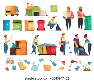 Cartoon icons set with characters of cleaners volunteers collecting rubbish recycling plant various kinds of garbage and trash containers isolated vector illustration