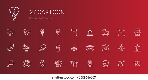 cartoon icons set. Collection of cartoon with clown, boy, balloons, robot, chicken leg, lollipop, bubbles, bookshelf, whirligig, ice cream. Editable and scalable cartoon icons.