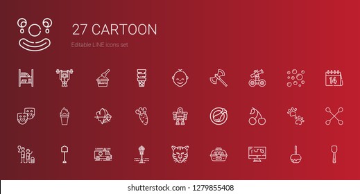 cartoon icons set. Collection of cartoon with draw, cage, tiger, street lamp, ambulance, shovel, family, cherry, chicken leg, robot, carrot. Editable and scalable cartoon icons.