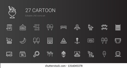 cartoon icons set. Collection of cartoon with family, robot, corn, balloons, rattle, valentines day, blackboard, speech bubble, street lamp. Editable and scalable cartoon icons.