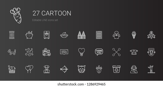 cartoon icons set. Collection of cartoon with ice cream, corn, tiger, artemis, clown, balloons, elephant, cotton swab, speech bubble, hot air balloon. Editable and scalable cartoon icons.