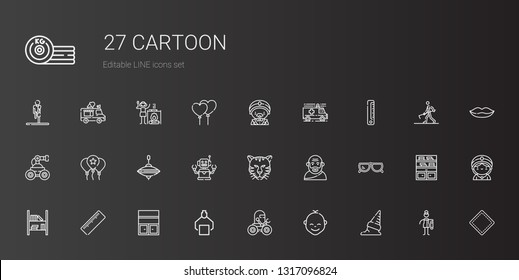 cartoon icons set. Collection of cartoon with ice cream, baby, robot, bookshelf, ruler, sunglasses, socrates, tiger, whirligig, balloon, ambulance. Editable and scalable cartoon icons.